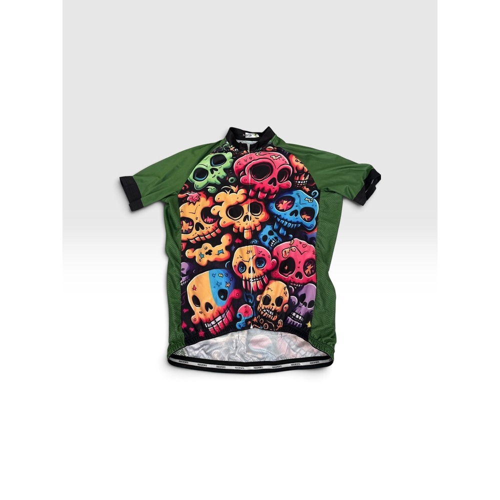 Rock Sports Men XL Cycling Jersey Green Multi Color Skull Graphic Full Zip Short